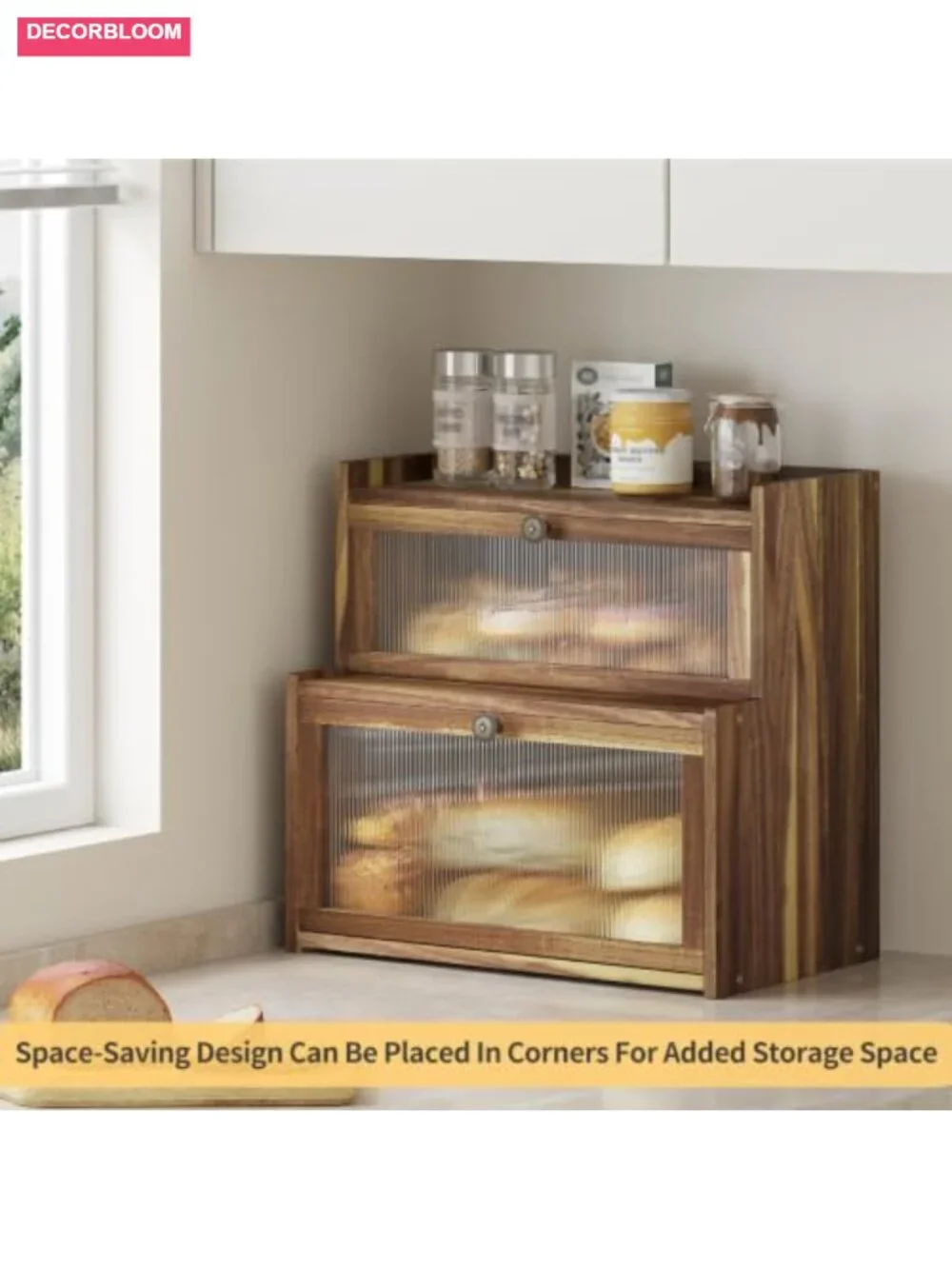 Farmhouse Acacia Wood Bread Box with Window Large Capacity Kitchen Storage